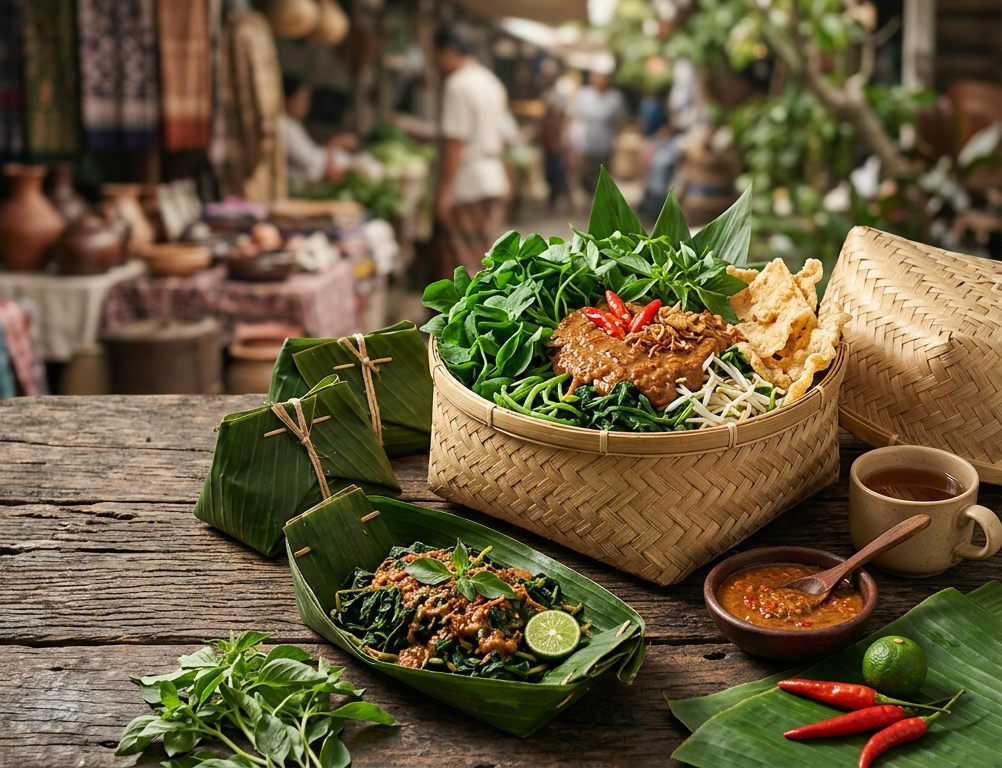 Pecel semanggi di atas daun pisang dan bakul bambu, dengan suasana pasar di belakangnya
